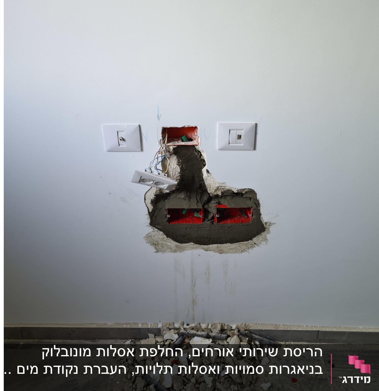 קיר עם חור, שקעים חשמליים וחוטים חשופים